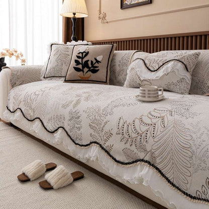 Durable Chenille Couch Cover with Scalloped Edge Non-Slip Modular Slipcover