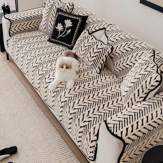 Thicken Stripe Plush Sofa Cover Cozy Warm Anti-slip Cushion Cover
